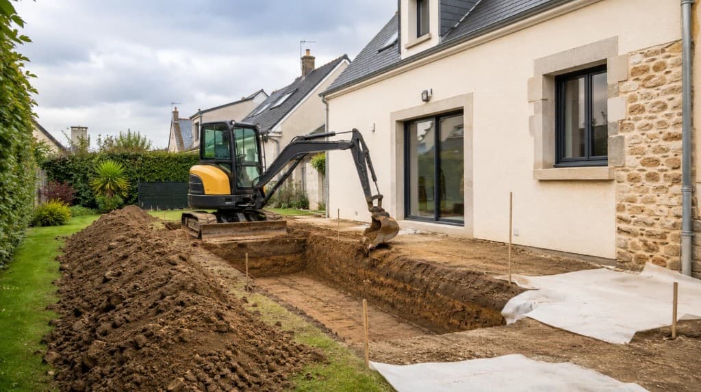 Terrassement pour extension de maison : fouille le long d’une façade avec mini-pelle